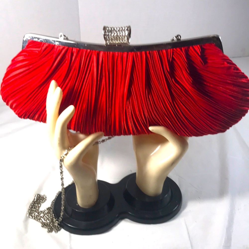 JNB Red Satin Micro Pleated Rhinestone Topped Clutch Shoulder Evening Party Bag